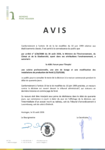 Avis au public - Autorisation relative à l'exploitation d'une cuisine professionnelle et d'une aire de lavage ainsi qu'à une modification des installations de production de froid (Forum pour l'Emploi Asbl)