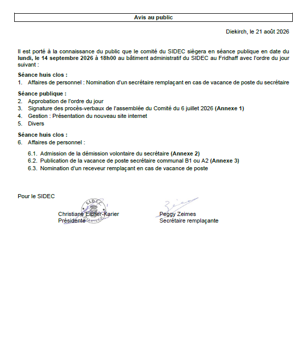 Convocation – Réunion du comité du Sidec, le 14 septembre 2026