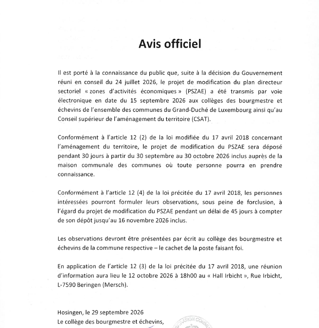 Avis au public – Projet de modification du plan directeur sectoriel « zones d&rsquo;activités économiques » (PSZAE)
