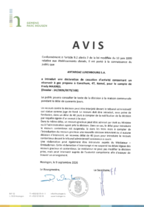 Avis au public - Introduction d'une déclaration de cessation d'activité concernant un réservoir à gaz propane à Consthum (Antargaz Luxembourg S.A.)