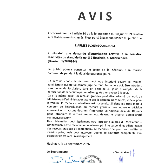 Avis au public – Demande d&rsquo;autorisation relative à la cessation d&rsquo;activités du stand de tir no. 3 à Hoscheid/Maarkebaach