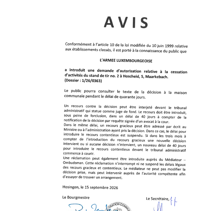 Avis au public – Demande d&rsquo;autorisation relative à la cessation d&rsquo;activités du stand de tir no. 2 à Hoscheid/Maarkebaach