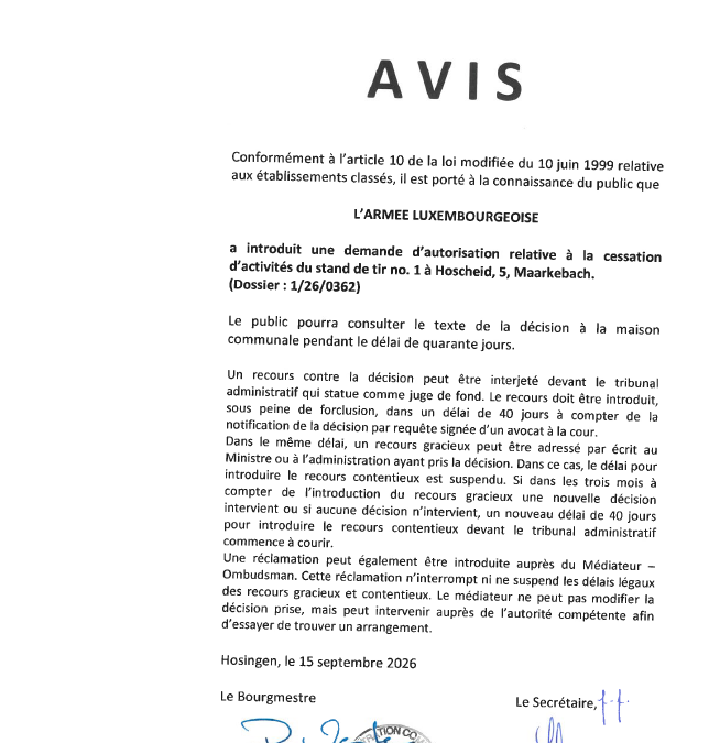 Avis au public – Demande d&rsquo;autorisation relative à la cessation d&rsquo;activités du stand de tir no. 1 à Hoscheid/Maarkebaach