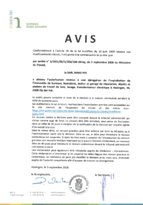 Avis au public - Autorisation relative à une dérogation de l'exploitation de l'immeuble de bureaux, buanderie, atelier et garage de réparation, dépôts et ateliers de travail de bois, lavage, transformateur électrique à Hosingen (Immo FPE Sàrl.)