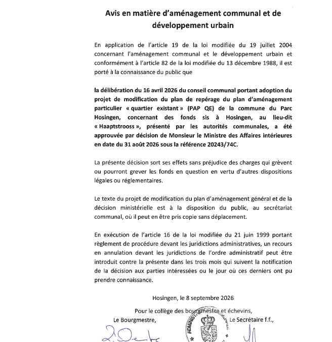 Avis au public – Adoption du projet de modification du plan de repérage du plan d&rsquo;aménagement particulier « quartier existant » (PAP QE) concernant des fonds sis à Hosingen, au lieu-dit « Haaptstrooss »