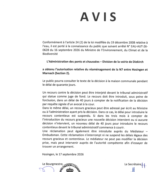 Avis au public – Autorisation relative au réaménagement de la N7 entre Hosingen et Marnach (section 2) (Administration des ponts et chaussées)
