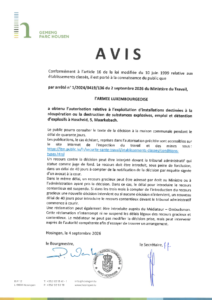 Avis au public - Autorisation relative à l'exploitation d'installations destinées à la récupération ou à la destruction de substances explosives, emploi et détention d'explosifs à Hoscheid/Maarkebaach (Armée luxembourgeoise)