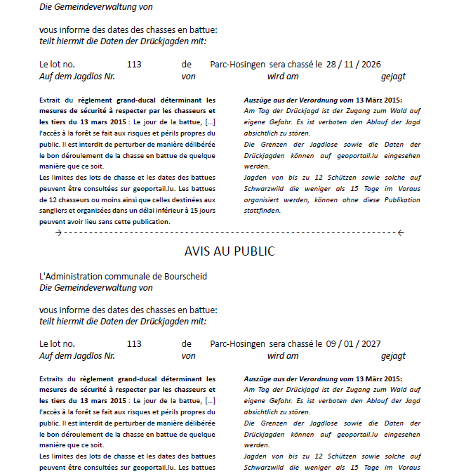 Avis au public – Chasse en battue lot 113 (28/11/2026 + 29/01/2027)