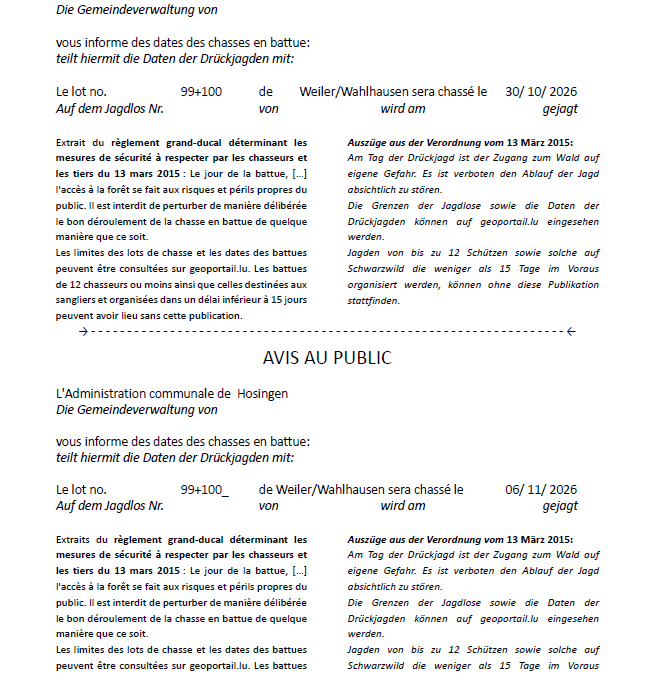 Avis au public – Chasse en battue lots 99 et 100 (30/10/2026 + 06/11/2026)