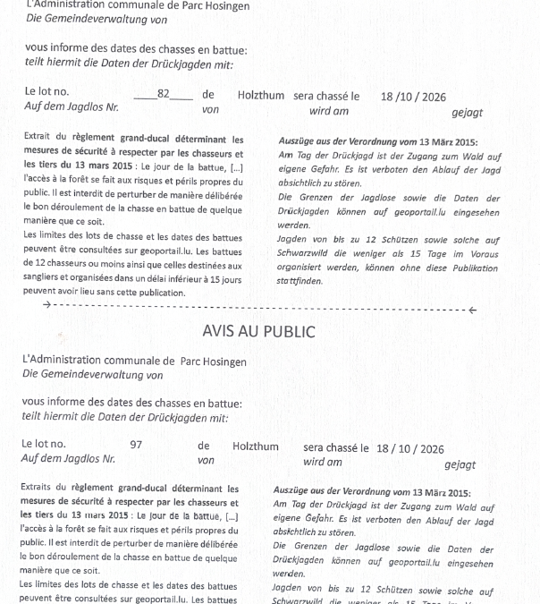 Avis au public – Chasse en battue lot 82 (18/10/2026 + 07/11/2026)