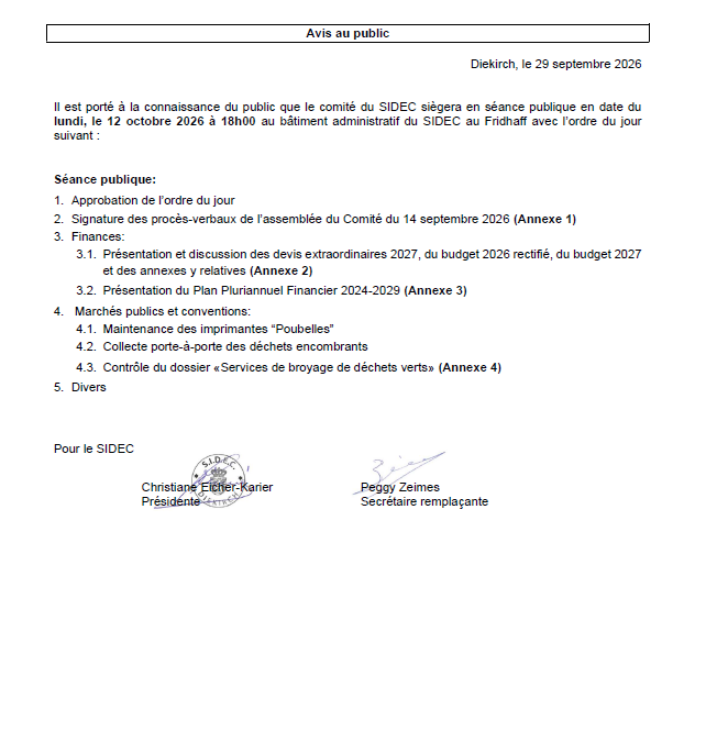 Convocation – Réunion du comité du Sidec, le 12 octobre 2026