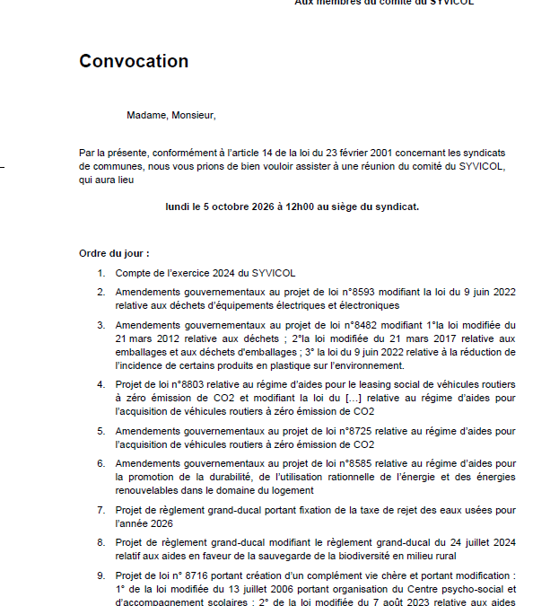 Convocation – Réunion du comité du Syvicol, le 5 octobre 2026