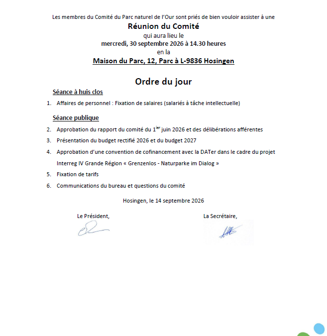 Convocation – Réunion du comité du Parc naturel de l&rsquo;Our, le 30 septembre 2026