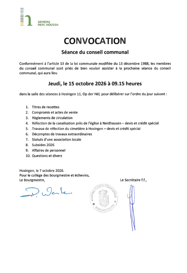 Séance publique - Ordre du jour conseil communal 15.10.2026