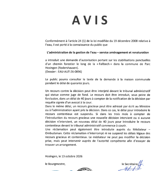 Avis au public – Demande d&rsquo;autorisation portant sur les stabilisations ponctuelles d&rsquo;un chemin forestier le long de la Fallbech à Rodershausen (Administration de la gestion de l&rsquo;eau)