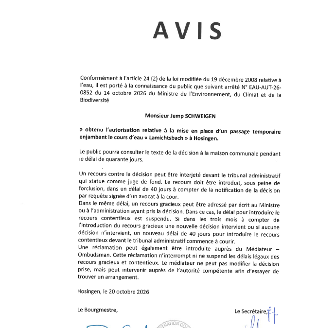 Avis au public – Autorisation relative à la mise en place d&rsquo;un passage temporaire enjambant le cours d&rsquo;eau « Lamichtsbaach » à Hosingen
