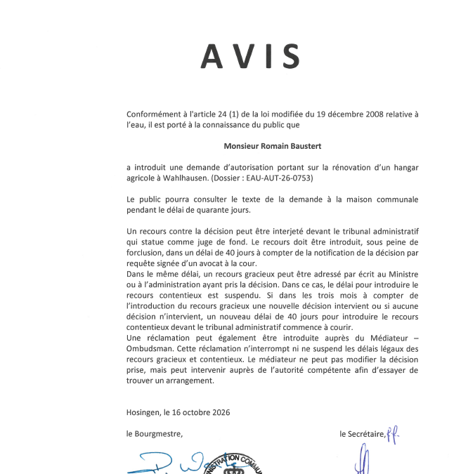 Avis au public – Demande d&rsquo;autorisation portant sur la rénovation d&rsquo;un hangar agricole à Wahlhausen