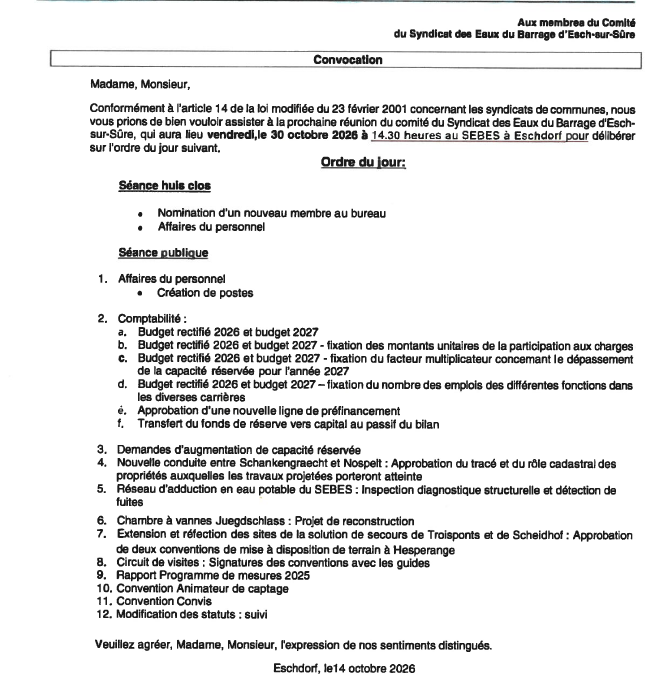 Convocation – Réunion du comité du SEBES, le 30 octobre 2026