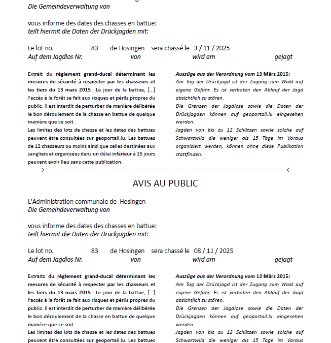 Avis au public – Chasse en battue lot 83 (03/11/2026 + 08/11/2026)