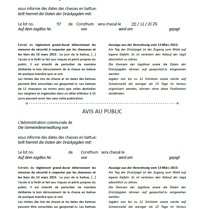 Avis au public – Chasse en battue lot 97 (20/12/2026)
