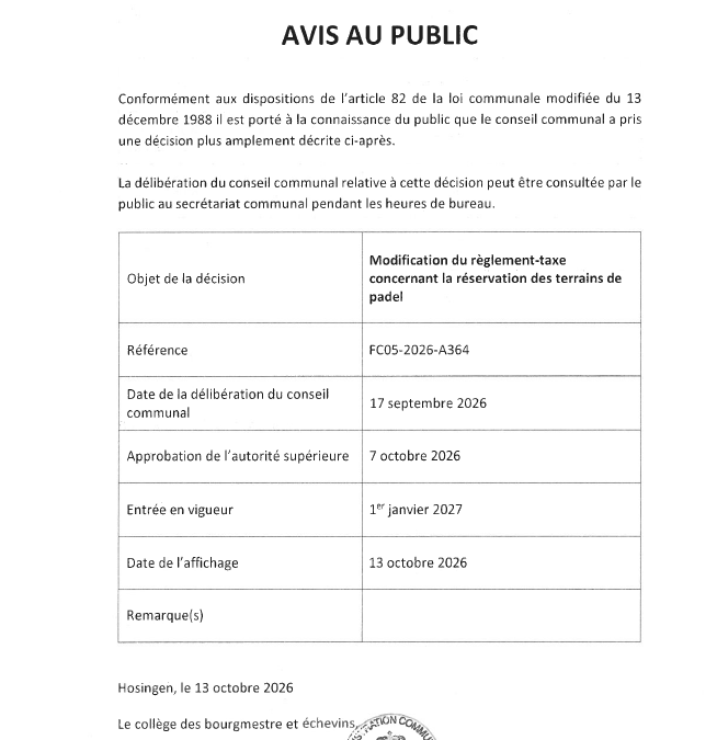 Avis au public – Modification du règlement-taxe concernant la réservation des terrains de padel