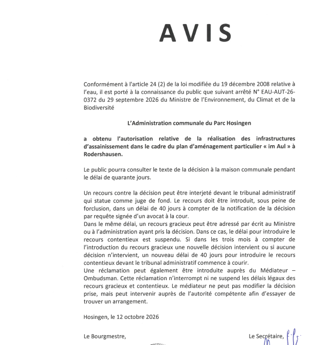 Avis au public – Autorisation relative à la réalisation des infrastructures d&rsquo;assainissement dans le cadre du plan d&rsquo;aménagement particulier « Im Aul » à Rodershausen