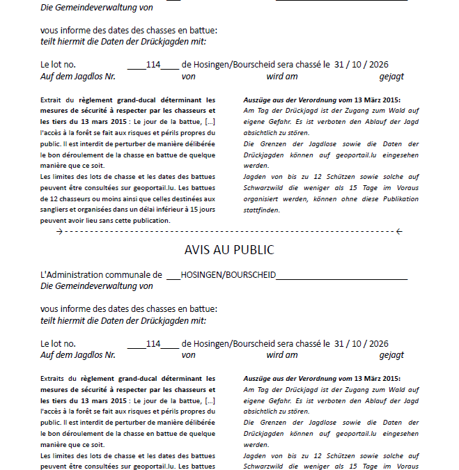 Avis au public – Chasse en battue lot 114 (31/10/2026)