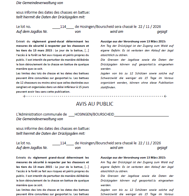 Avis au public – Chasse en battue lot 114 (22/11/2026)