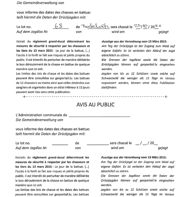 Avis au public – Chasse en battue lot 68 (22/10/2026)