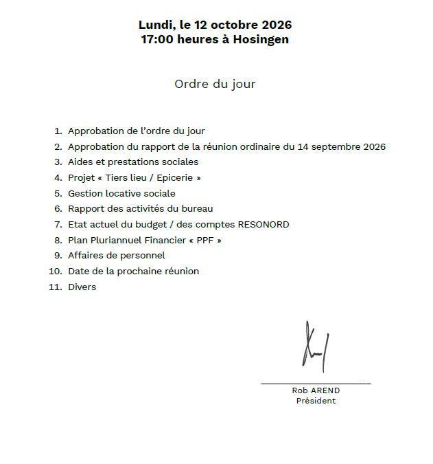 Convocation – Réunion du conseil d&rsquo;administration du Resonord, le 12 octobre 2026
