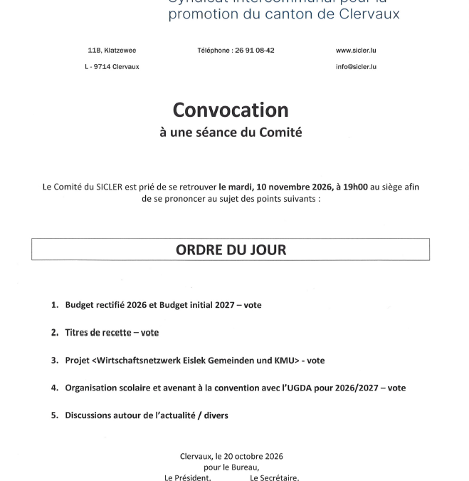 Convocation – Réunion du comité du Sicler, le 10 novembre 2026