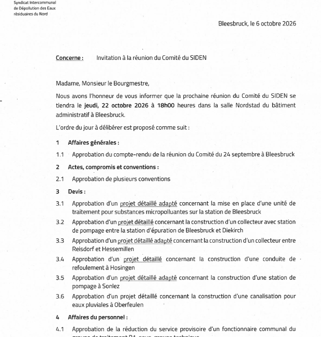 Convocation – Réunion du comité du SIDEN, le 22 octobre 2026