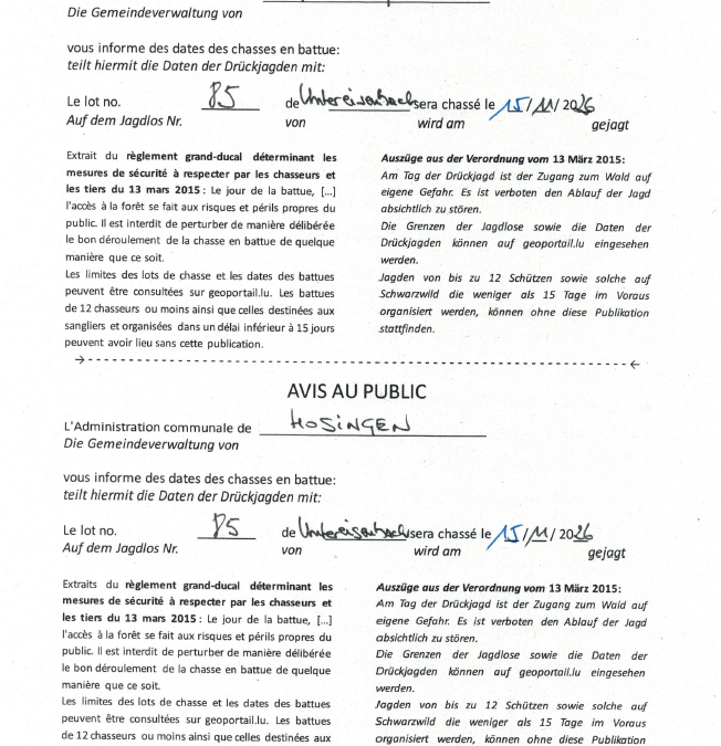 Avis au public – Chasse en battue lot 85 (15/11/2026 + 28/11/2026)