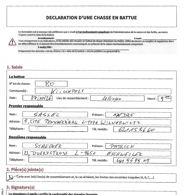Avis au public – Chasse en battue lot 80 (27/10/2026 + 17/11/2026)