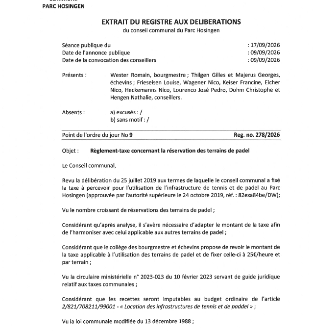 Avis au public – Modification du règlement-taxe concernant la réservation des terrains de padel